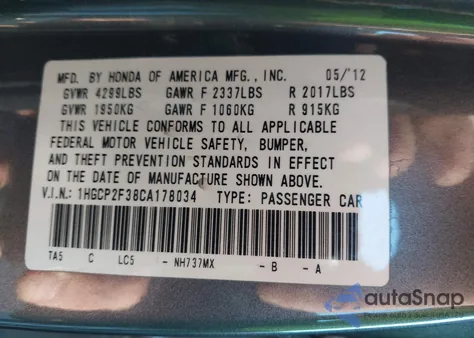 2012 Honda Accord 2.4 Lx from USA, damaged, VIN 1HGCP2F38CA178034
